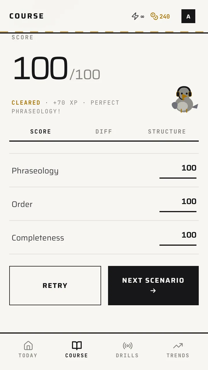 Cloudy Tower showing a graded radio call: 100 out of 100, with phraseology, order and completeness each scored 100.