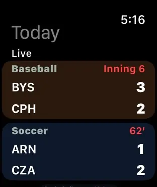 Slate on Apple Watch, showing two live games with their scores.